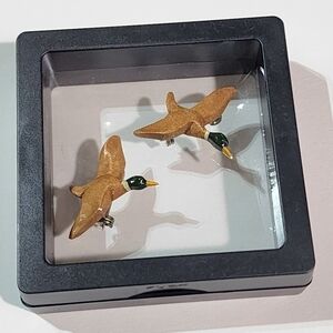 Vintage set of 2 wood carved Mallard duck brooch or tie pins